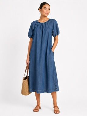 Boden S Denim Midi Dress Puffed Sleeves Coastal Cowgirl Boho Preppy Oversized